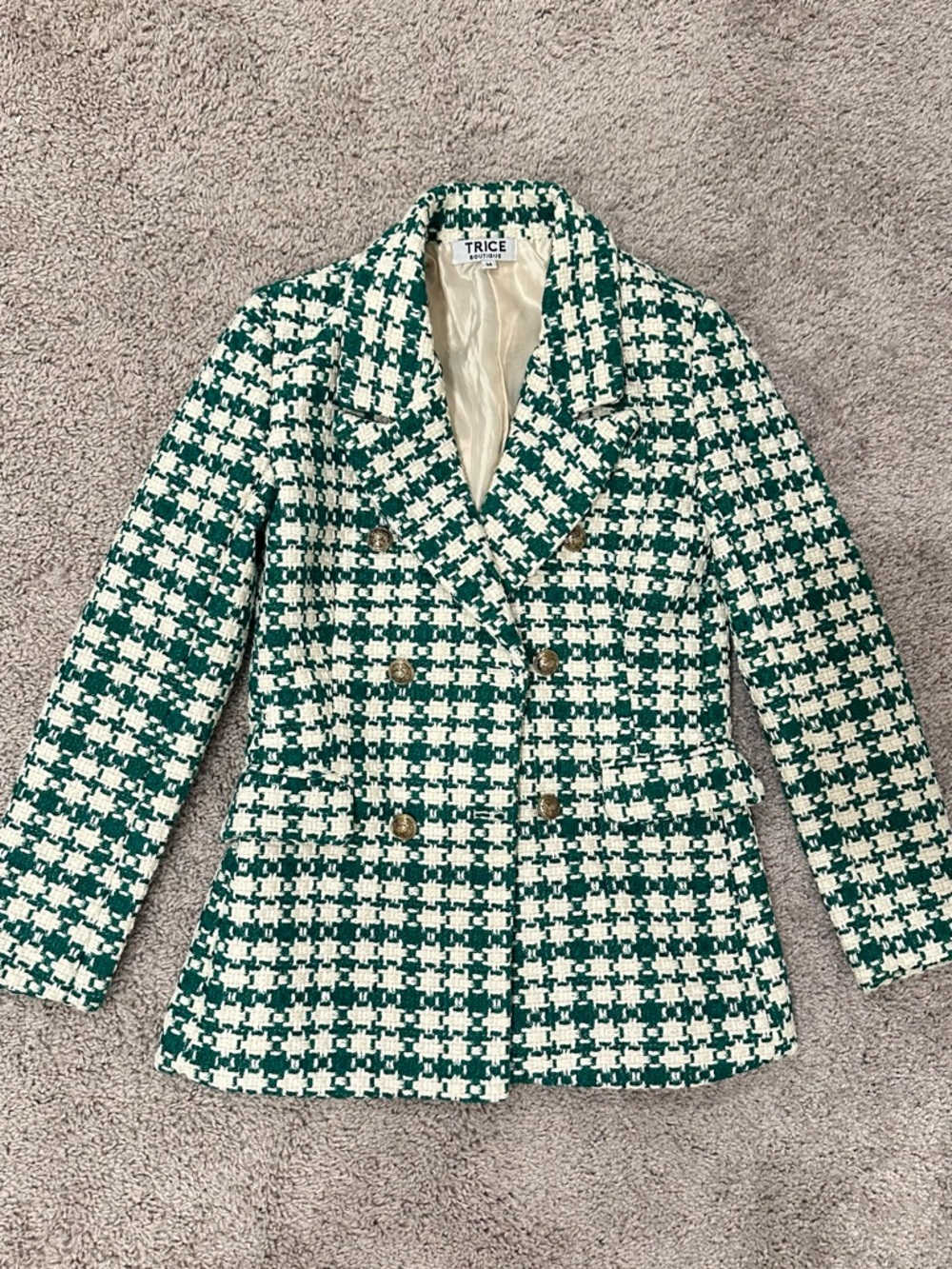 Green & White Tweed Double-Breasted Blazer